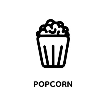 Popcorn line icon with text. Popcorn, bucket, box.  Vector illustration isolated on white background. Food, snack.