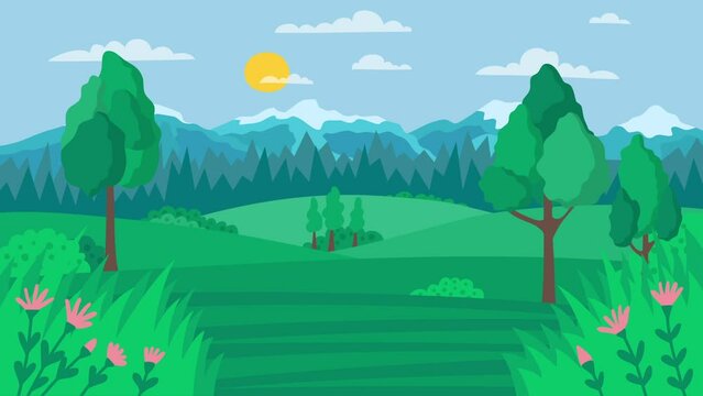 Cartoon Color Day and Night Landscape Scene Concept Flat Design Style Include of Mountain and Green Field Animation Effect.