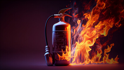 Fire extinguisher next to the flame of fire. Ai generated image - obrazy, fototapety, plakaty