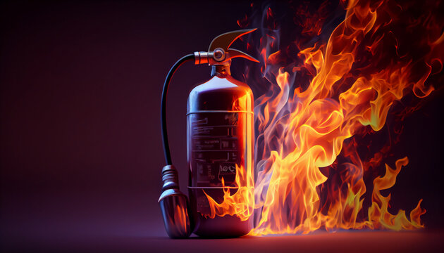Fire extinguisher next to the flame of fire. Ai generated image