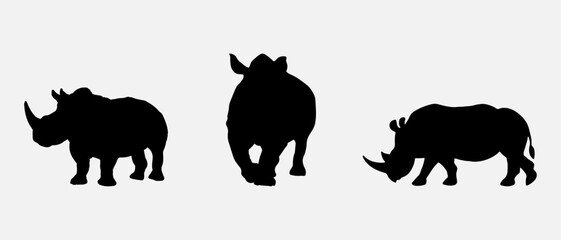 isolated black silhouette of a rhinoceros , vector collection