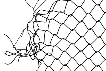 The texture of the metal mesh. Torn, destroyed, broken metal mesh on a white background