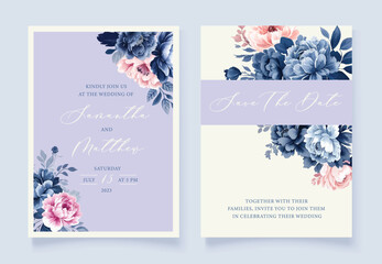 Watercolor Navy blue floral wedding invitation cards template