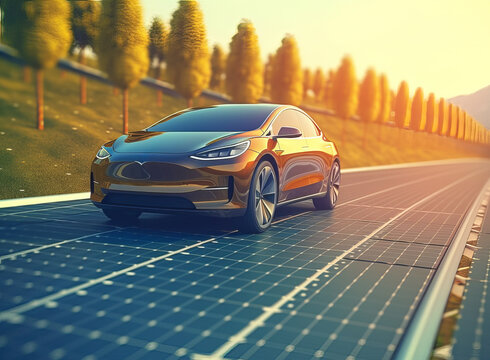 Electric car drives along a road built from solar panels. Alternative fuel for transport. Generative AI