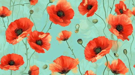  a bunch of red flowers on a blue background with green stems and leaves in the middle of the picture, with a green background with a blue background.  generative ai