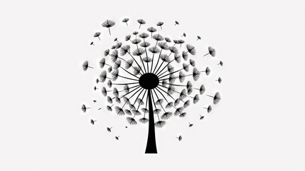  a black and white photo of a dandelion on a white background with a black circle in the middle of the dandelion.  generative ai