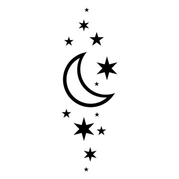 Magic moon and stars icon. Graphic elements for astrology. Boho witch and magic symbol. Black moon illustration isolated on white background. Vector EPS 10