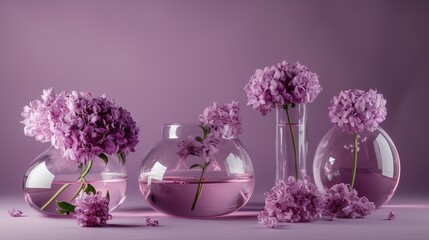  a group of vases filled with flowers on a purple background with water in them and one filled with water and the other filled with flowers.  generative ai