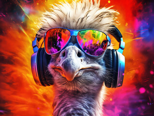 Music dj ostrich with sunglasses and headphones - Colorful neon background - Generative AI - obrazy, fototapety, plakaty