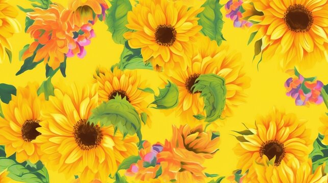  a yellow background with a bunch of sunflowers on the bottom of it and a lot of leaves on the bottom of the image.  generative ai