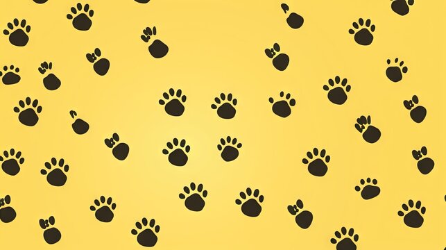  a yellow background with a lot of black paw prints on the bottom of the image and the bottom of the image of a dog's paw prints.  generative ai