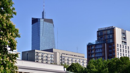 Inspiring view of the modern city. The wall of the buildings of glass and metal against trees. Corporate buildings and ecological, view of modern building with blue sky and green trees