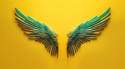  a pair of green wings on a yellow background with a shadow of the wings on the left side of the image is a shadow of the wings on the right side of the.  generative ai