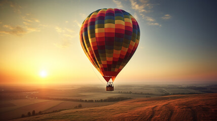Fototapeta na wymiar Hot air balloons in the sky at sunset, sun, clouds, trees, nature… Colored hot air balloons. Image generated by AI.