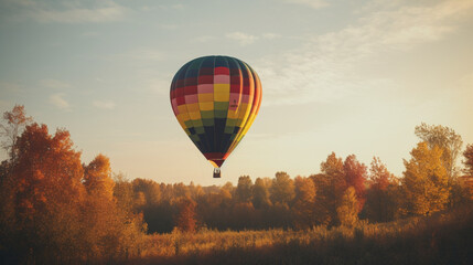 Fototapeta premium Hot air balloons in the sky at sunset, sun, clouds, trees, nature… Colored hot air balloons. Image generated by AI.