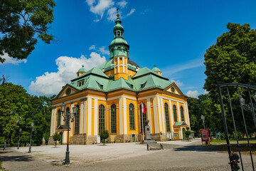 Fototapeta na wymiar 2022-08-02 view of baroque church temple in the heart of Karkonosze mountains in Jelenia Gora. Poland