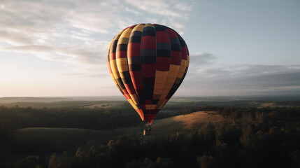 Obraz premium Hot air balloons in the sky at sunset, sun, clouds, trees, nature… Colored hot air balloons. Image generated by AI.