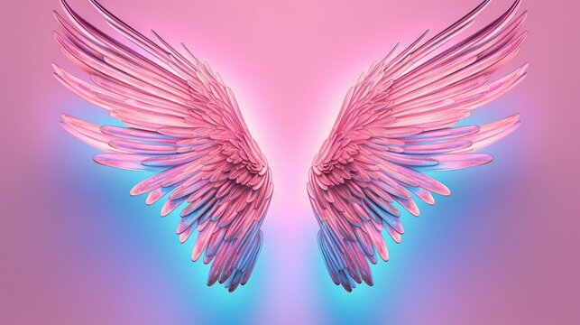  a pink and blue background with a pair of pink angel wings on the left side of the image and a pink and blue background on the right side of the left side.  generative ai