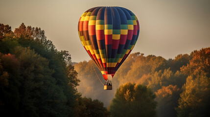 Fototapeta premium Hot air balloons in the sky at sunset, sun, clouds, trees, nature… Colored hot air balloons. Image generated by AI.