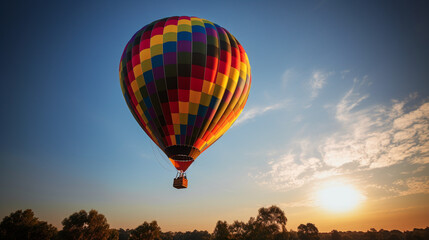 Fototapeta premium Hot air balloons in the sky at sunset, sun, clouds, trees, nature… Colored hot air balloons. Image generated by AI.