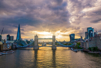 Aerial view to the Tower Bridge and skyline of London, UK
