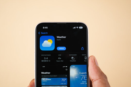 West Bangal, India - February 20, 2023 : Weather app on phone screen stock image.
