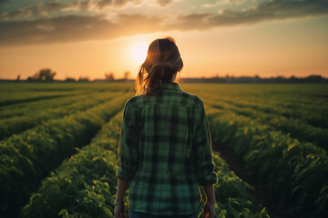 Female farmer wearing a green plaid shirt in a beautiful field. Generative AI