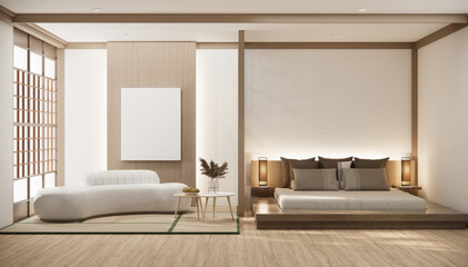 Japan style empty room decorated with wooden bed, white wall and wooden wall.