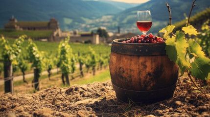 Die Essenz des Südtiroler Weinbaus: Pinot Noir mit Eichenfass im Weinberg - obrazy, fototapety, plakaty