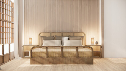 Japan style empty room decorated with wooden bed, white wall and wooden wall.
