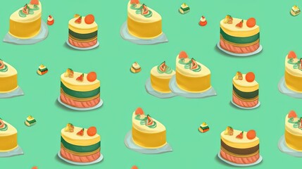  a pattern of a cake on a plate on a green background with other cakes on the plate and on top of the cake is a slice of the cake.  generative ai