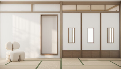 Minimalist japandi style living room decorated with sofa.