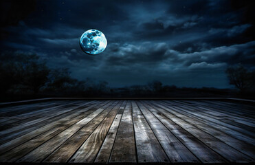an empty wooden platform is shown with dark sky and a moon