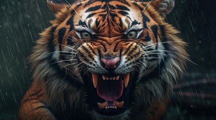  a tiger with its mouth open and it's mouth wide open and it's teeth are wide open and it's mouth is showing.  generative ai