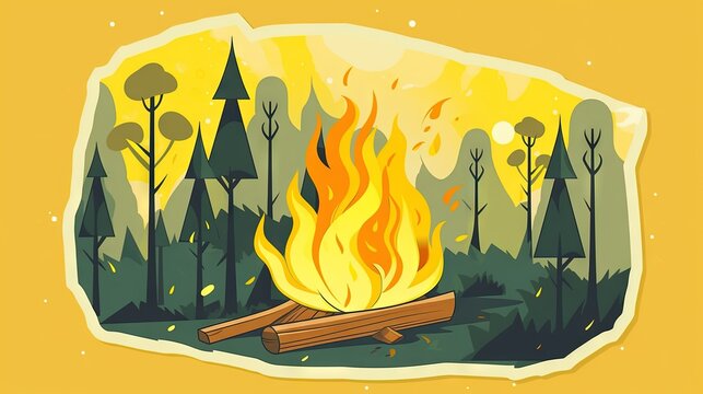  a campfire burning in a forest with trees and a moon in the sky behind it, with a yellow background with a cut out of paper.  generative ai