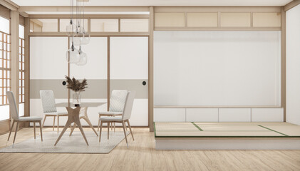 Modern japan style tiny room kitchen and dining table white wall wood floor.