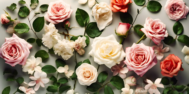white floral background with pink and white roses
