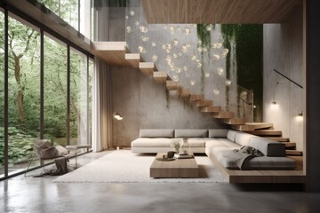 Luxurious modern living family room with sustainable wood staircase with large windows with forest views Made with Generative Ai