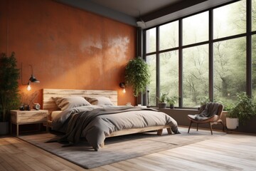 Beautiful cozy warm loft primary bedroom with large modern windows and forest summer views orange accent wall with plants Made with Generative Ai