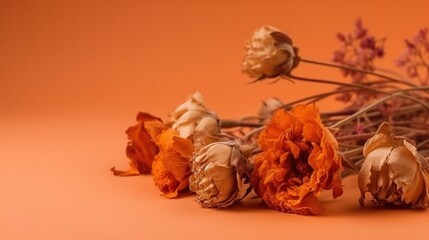  a bunch of dead flowers on a orange background with a few buds still attached to the stems of the flower stems, with a few buds still attached to the top of the stems.  generative ai