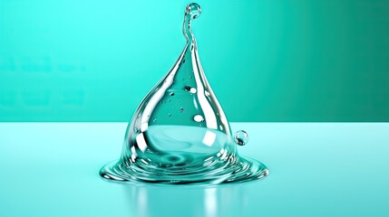  a water droplet with a blue background and a green wall in the backgroup of the drop is a light blue color.  generative ai