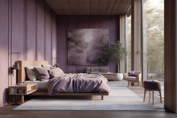 Cozy Royal Purple jewel toned primary bedroom with large windows with forest jungle views and organic staged furniture Made with Generative AI