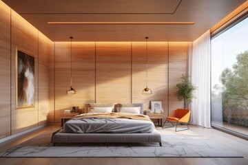 Fototapeta na wymiar Luxurious modern interior primary bedroom with wall to wall windows and wooden walls organic materials plants Made with Generative AI