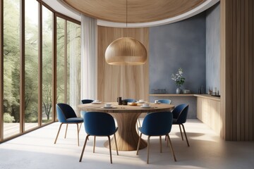 Bright luxurious modern minimal dining room with blue accent color and large gold brass pendant lighting fixture organic slow living lifestyle Made with Generative AI
