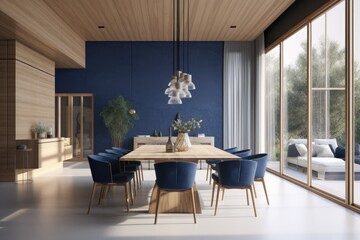 Modern minimal royal blue luxury formal dining room with organic furniture and large windows Made with Generative AI