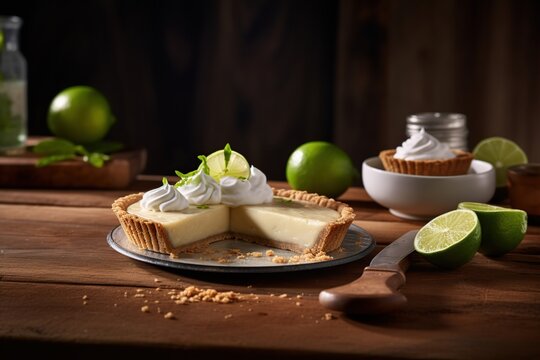 key lime pie Classic traditional American dessert favorite. Key lime pie, raw mixture made with the juice from Key West lime juice, condensed milk sugar and eggs poured into graham cracker crust.