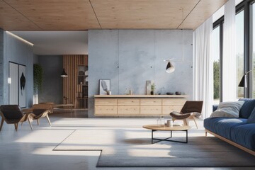 Fototapeta na wymiar Beautiful pastel blue monochrome interior living room with staged furniture bleached wood cabinets and ceilings Made with Generative AI
