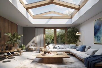 Cozy bright Beautiful Chic modern interior living room with sky light and forest jungle views with blue accent color for springMade with Generative AI