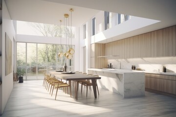 Light Bright White Modern Interior simple kitchen with large windows and garden views Made with Generative AI