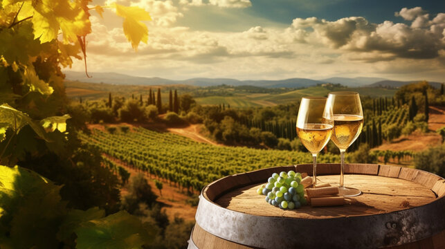 Weinidylle in der Toskana: Ein entspannter Moment mit einem Glas Weißwein auf einem Weinfaß im Weinberg